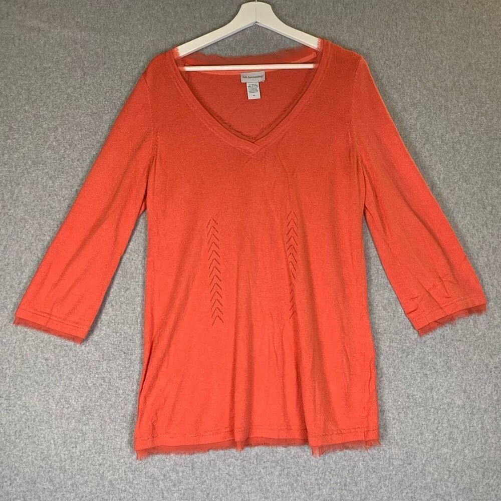 Soft Surroundings Womens Medium Pullover Tunic Top Orange V Neck 3/4 Sleeves